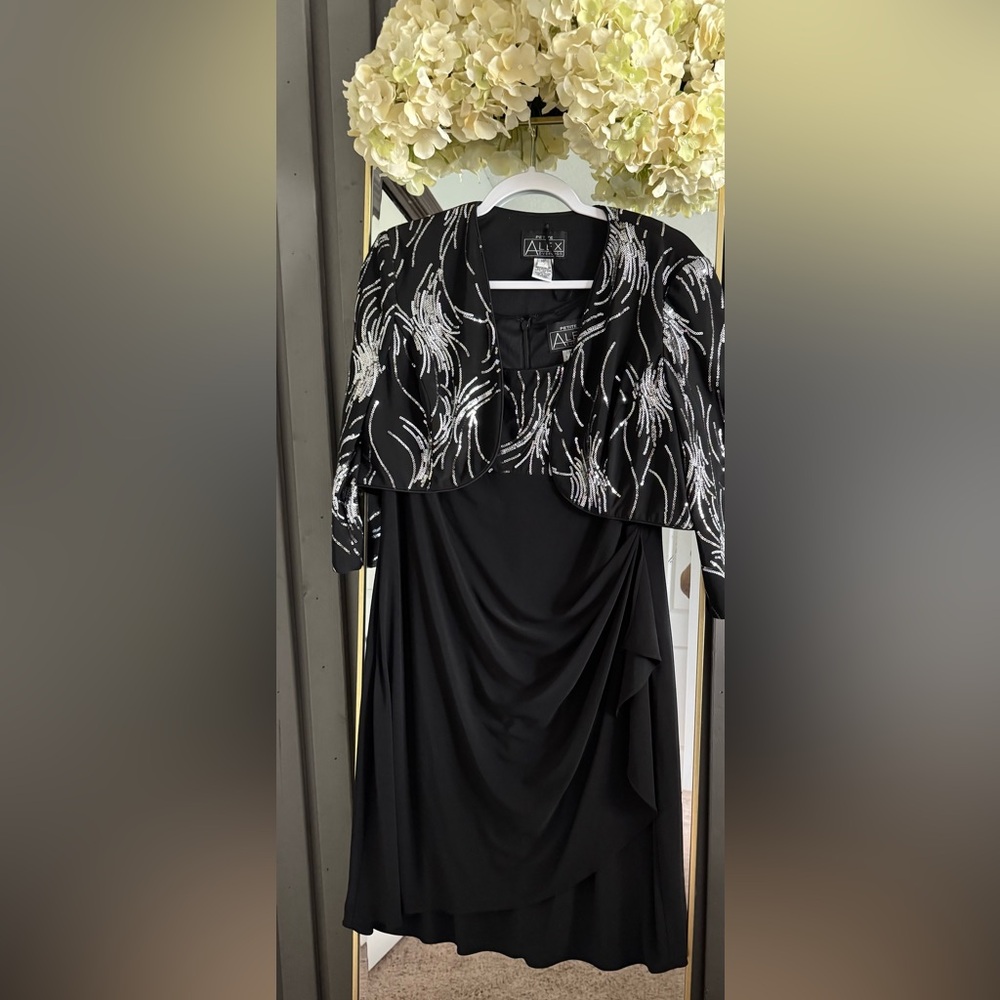 Alex Evenings Black and Silver Embellished Ruched Cocktail Dress